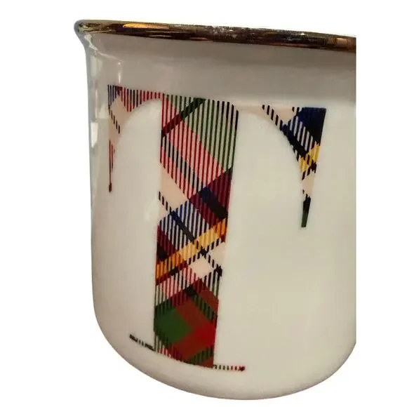 Pottery Barn Stewart Plaid Coffee Tea Mug Letter T Monogram 16oz Ceramic Holiday - Picture 4 of 7